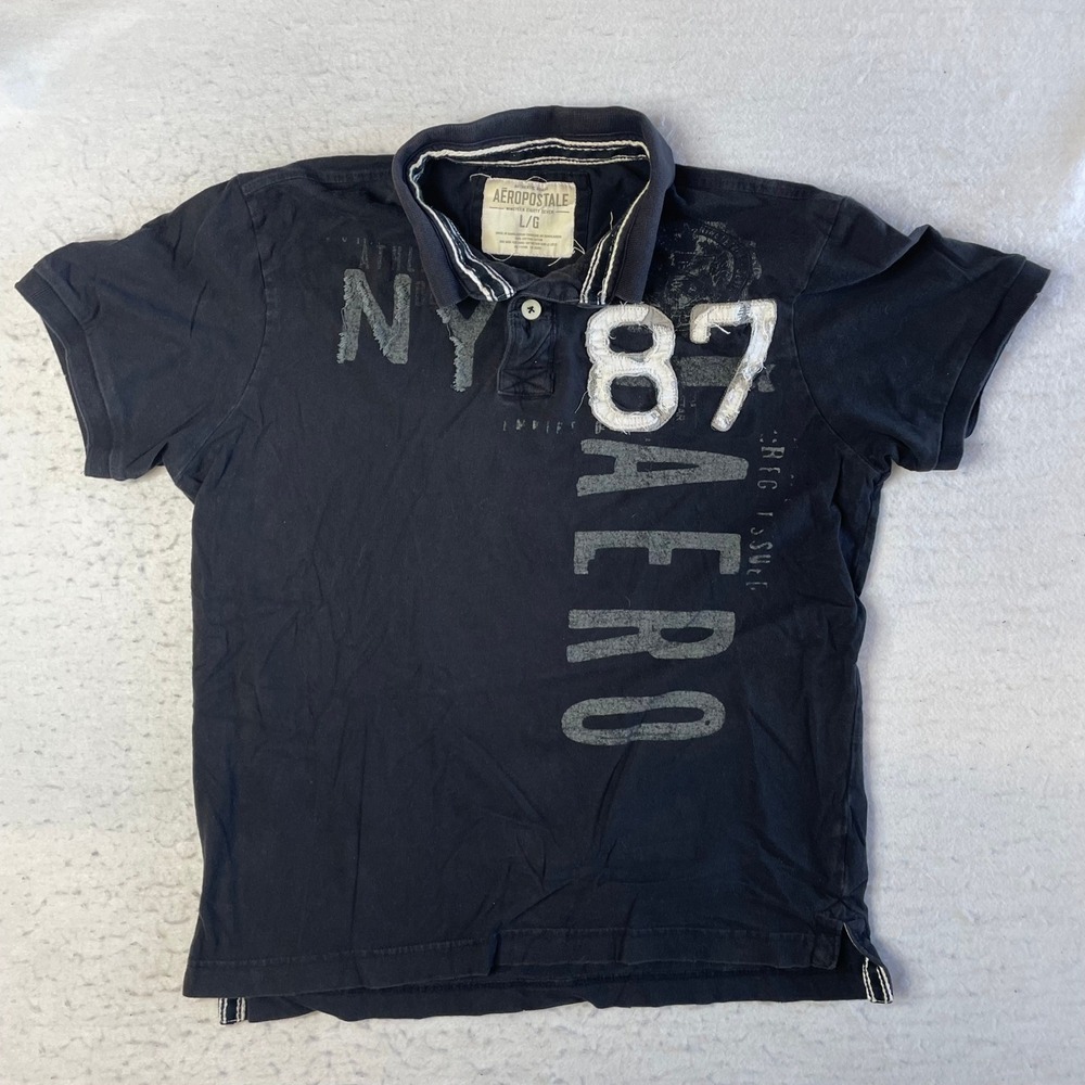 Aeropostale Polo Shirt Mens Large Black NY 87 Aero Graphic Distressed Applique